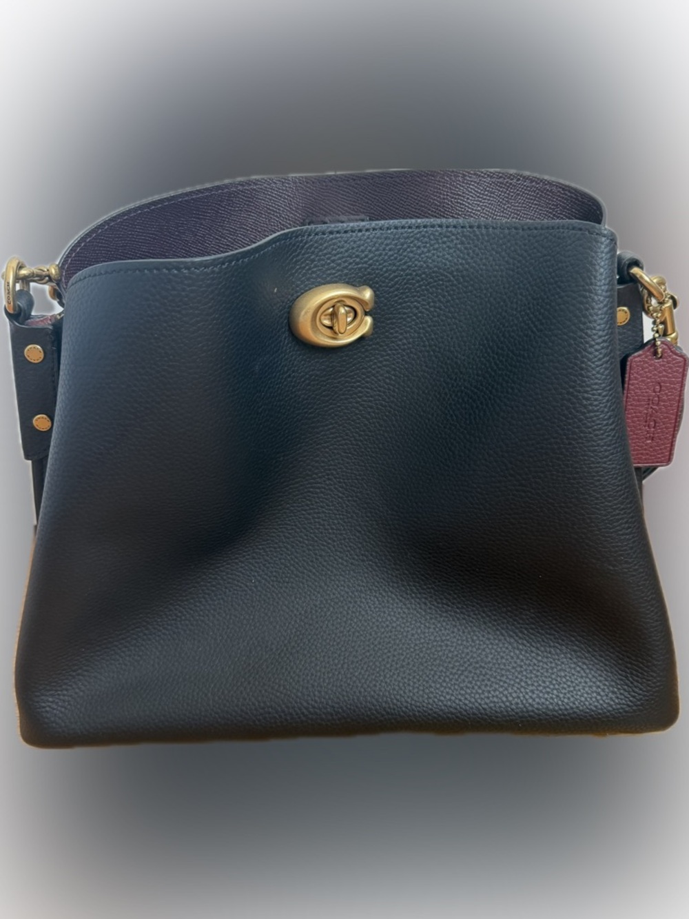 Coach Willow Shoulder Bag C2621
Black Pebbled Leather with Burgundy Interior